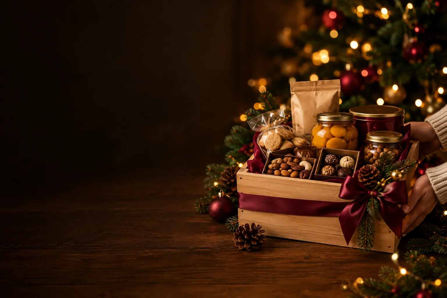 Una persona entrega una caja de madera con frascos, frutos secos y chocolates, atada con moño vinotinto, junto a un árbol de Navidad
