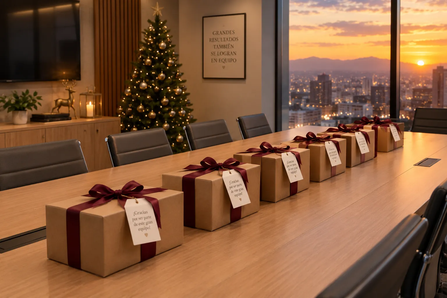 Mesa de juntas con una caja de regalo con moño vinotinto en cada puesto, un árbol de Navidad y la ciudad al atardecer