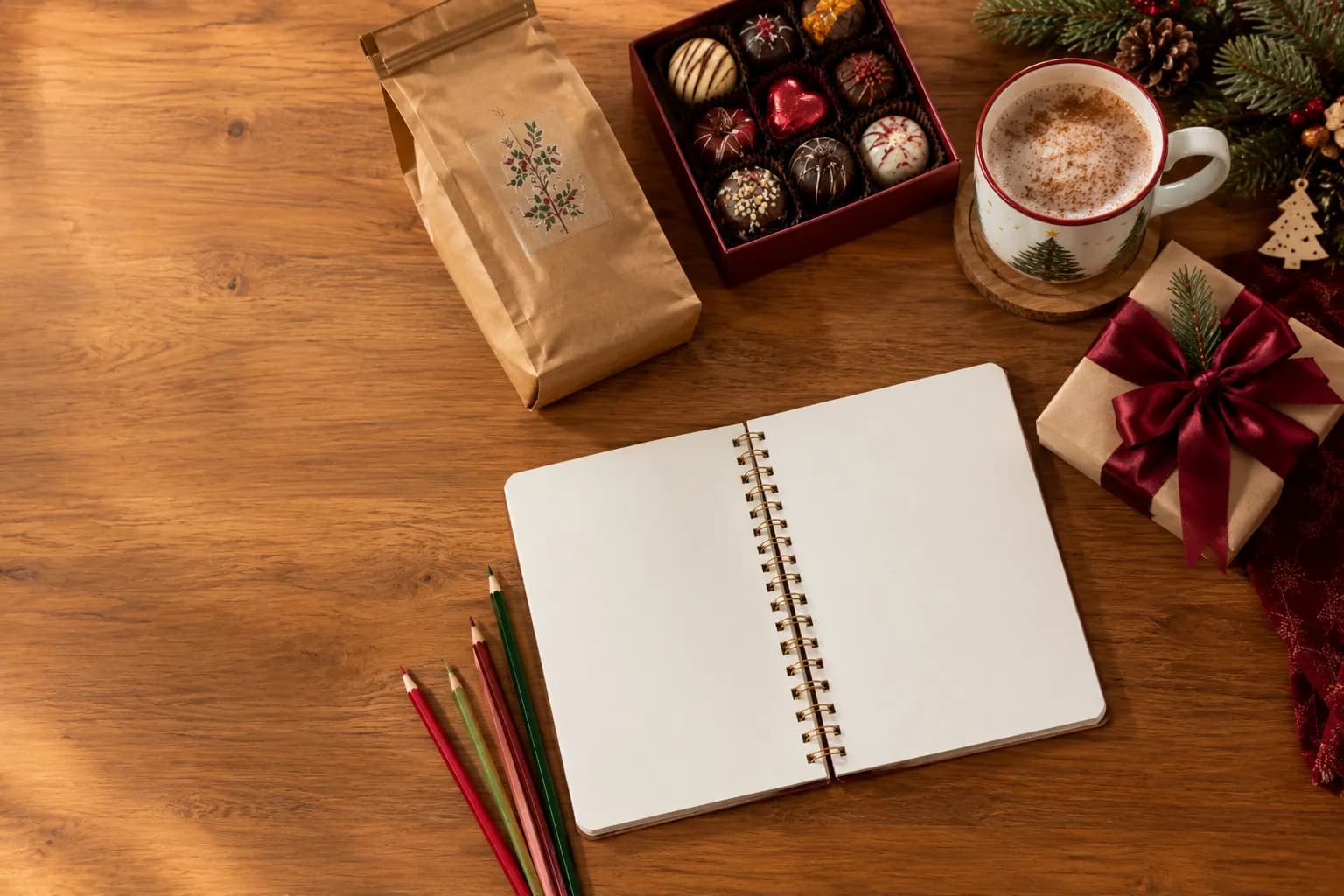 Mesa de madera con un cuaderno abierto, lápices de colores, una taza, una bolsa de café, bombones y un regalo con moño