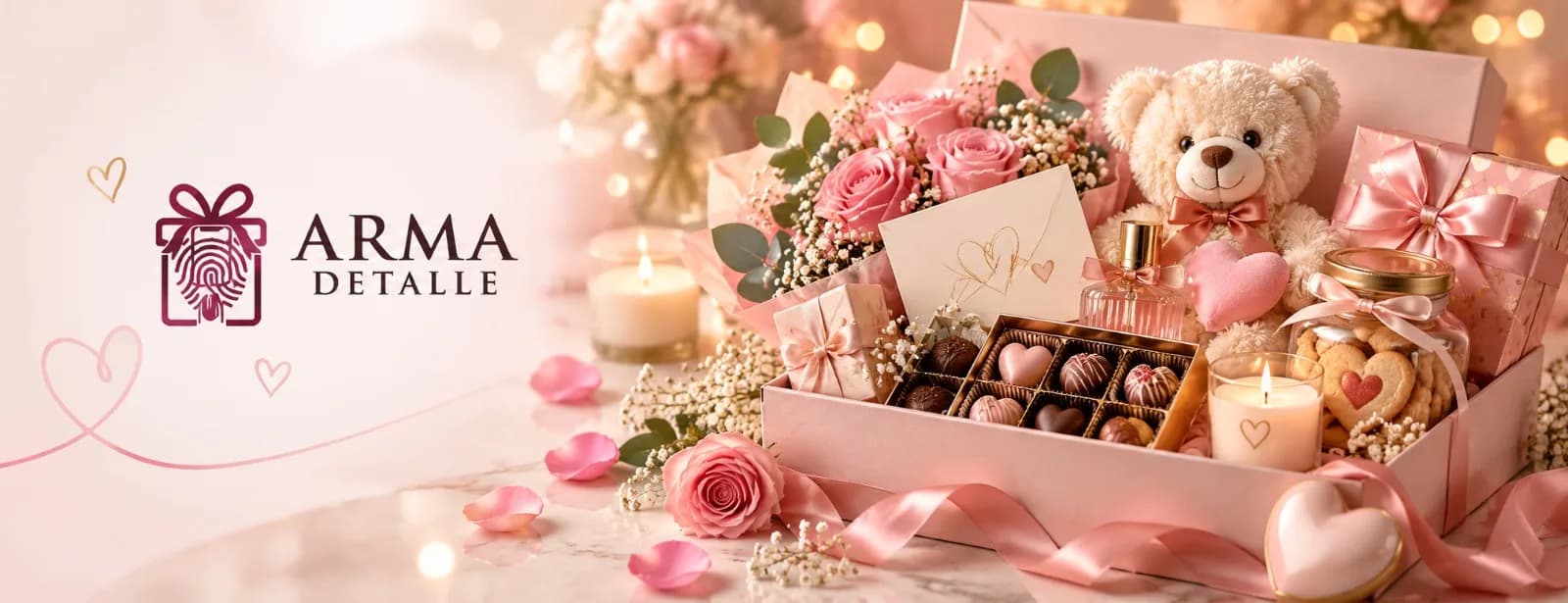 Caja rosada con oso de peluche, rosas, bombones en forma de corazón, vela y perfume, con el logo de ArmaDetalle