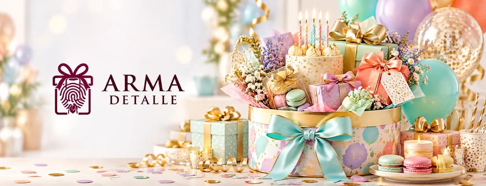 Caja de regalo pastel con torta de cumpleaños con velas, macarons, flores y globos, con el logo de ArmaDetalle
