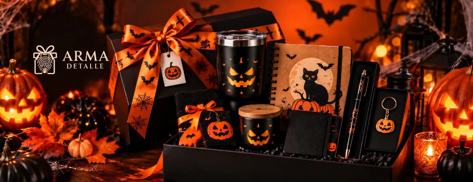 Caja negra de Halloween con moño naranja, termo, libreta con gato negro, vela y llavero de calabaza, entre calabazas iluminadas, con el logo de ArmaDetalle