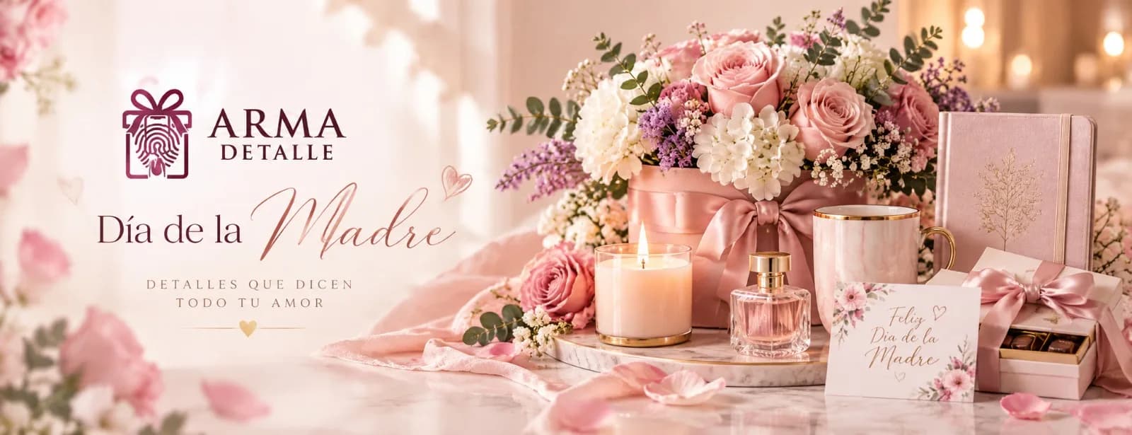 Día de la Madre: ramo de rosas rosadas, vela, perfume, taza y tarjeta «Feliz Día de la Madre», con el logo de ArmaDetalle